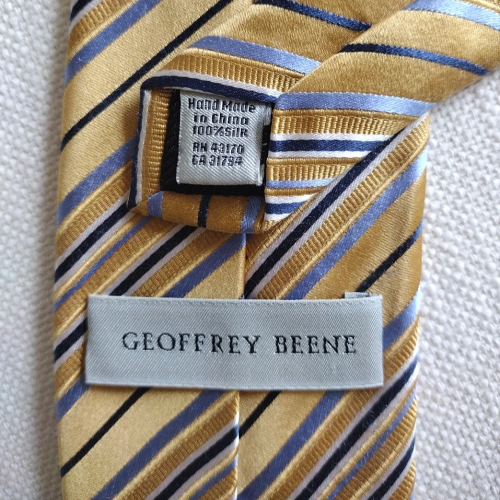 Silk Geoffrey Beene Gold, Silver, and Blue Striped Tie